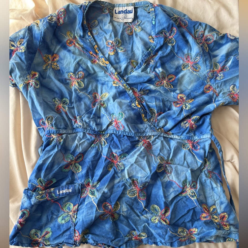 Landau Blue Embroidered Scrub Top